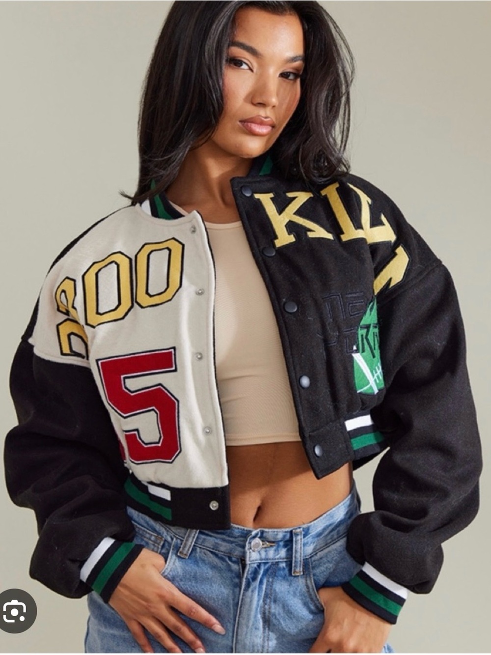 Cropped Varsity Letterman Jacket in Black, Cream & Green